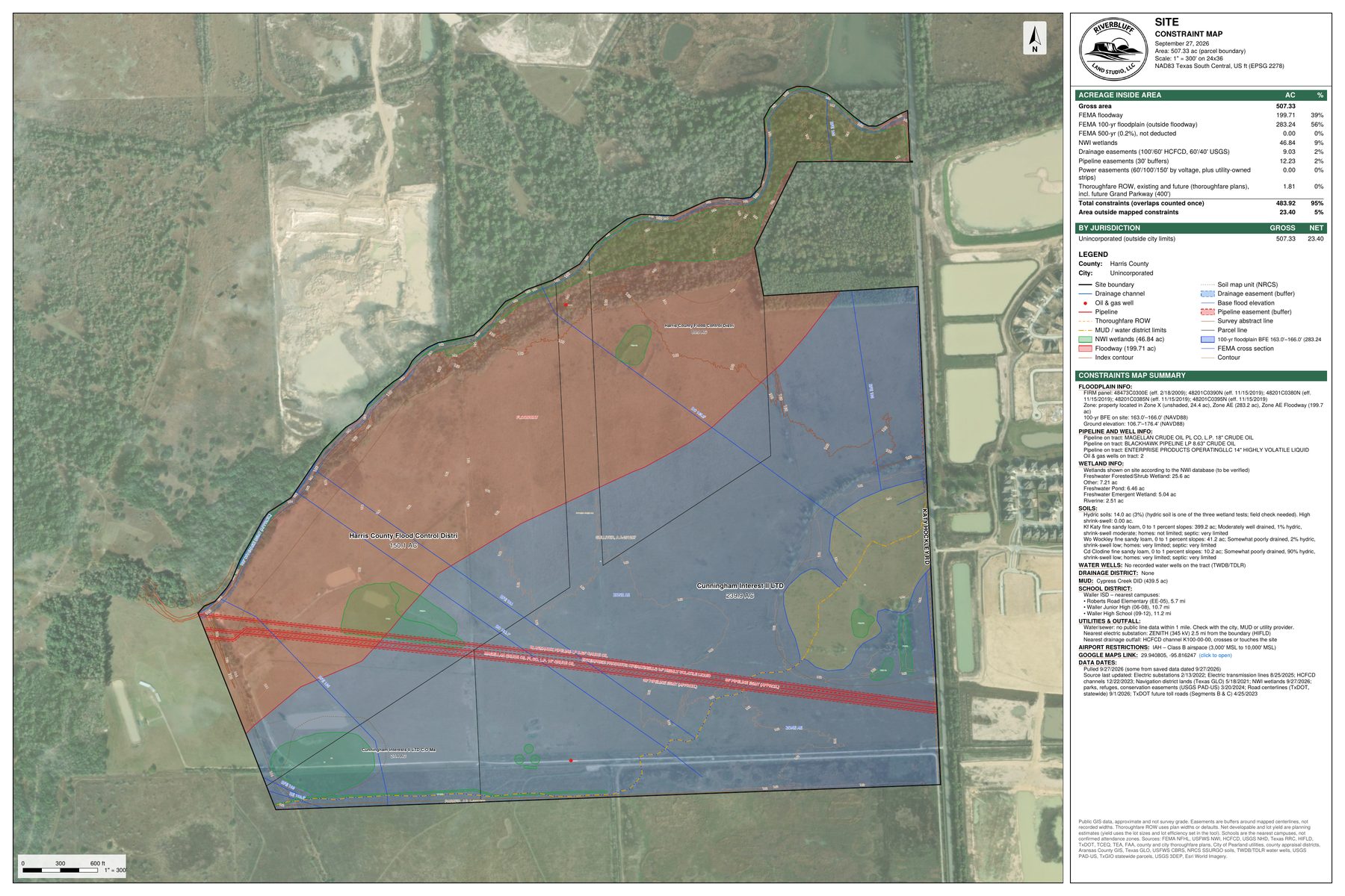 Constraint map of a 507-acre tract on Katy Hockley Road showing FEMA floodway and floodplain, wetlands, pipeline and drainage easements over aerial imagery